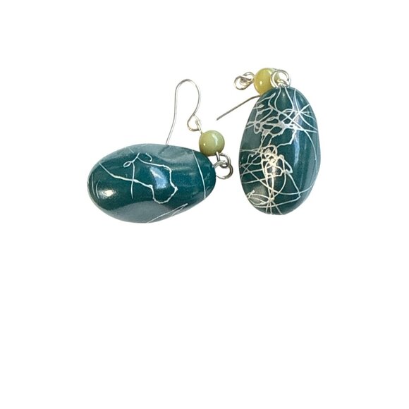 Handmade Green Oval Dangle Earrings with Yellow Beads and Abstract White Lines - Picture 3 of 5